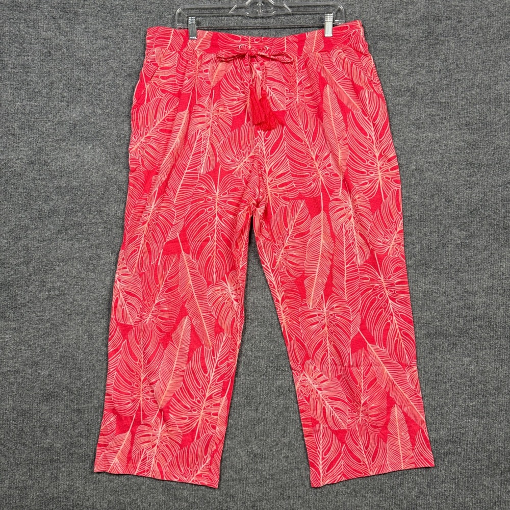 Belle by Kim Gravel Large Pants Orange Abstract Leaves Drawstring Cotton Stretch